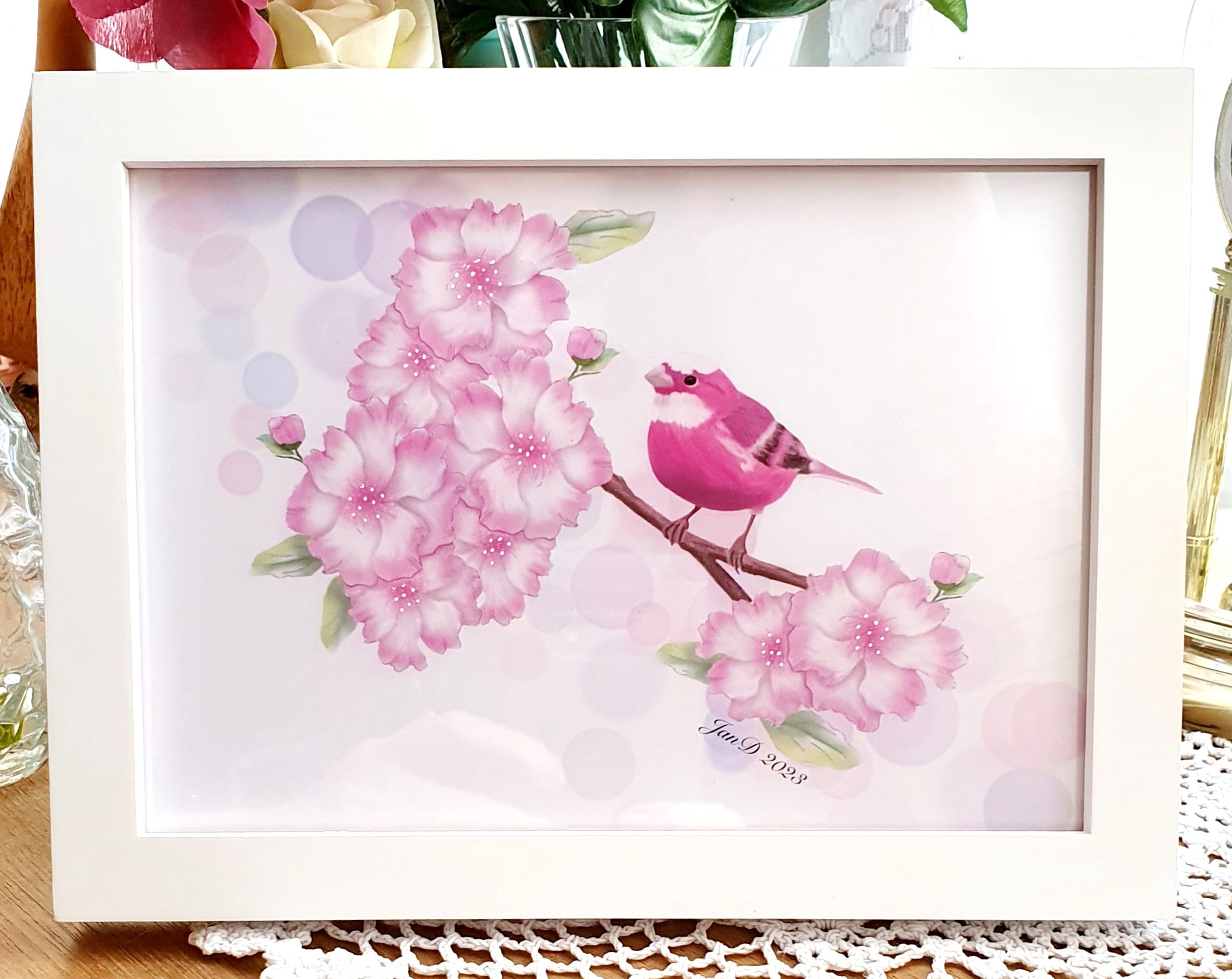 Pink Bird on Branch Pink Flowers A5