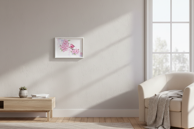 Pink Bird on Branch of Pink Flowers A5