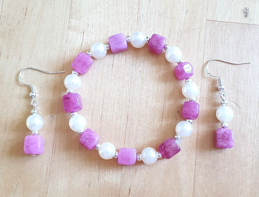 Pink and Cream Beaded Bracelet Earrings