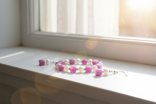 Pink and Cream Beaded Bracelet and Earrings