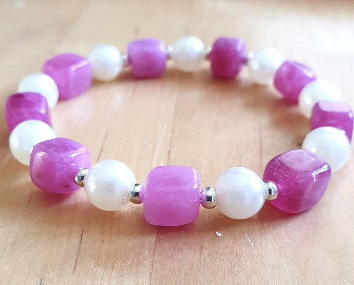 Pink Cream Silver Elasticated Bracelet and Earrings