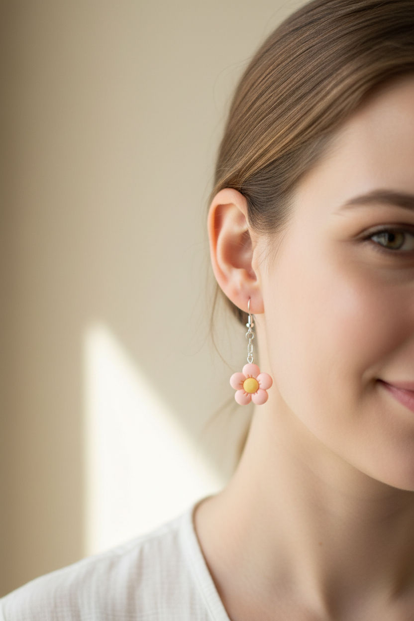 Pink Flower Earrings on Model