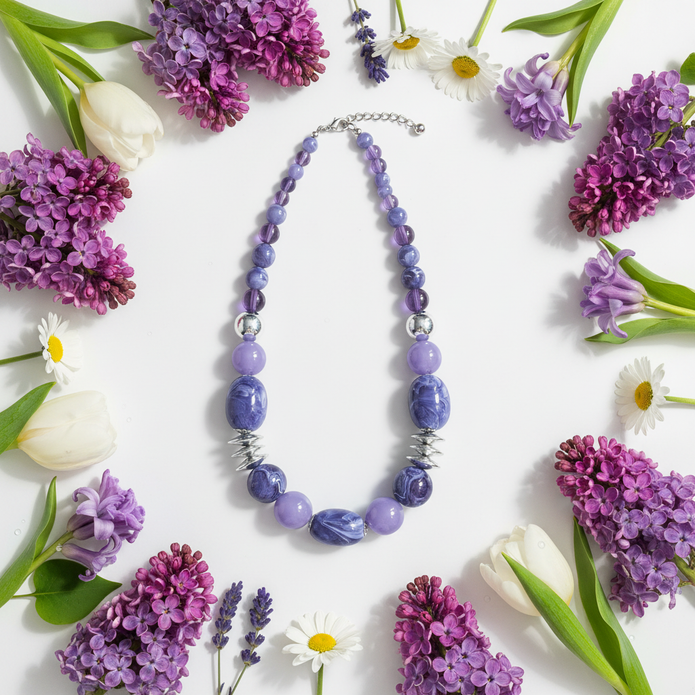 Shades of Purple & Silver Rescued Necklace floral flat lay