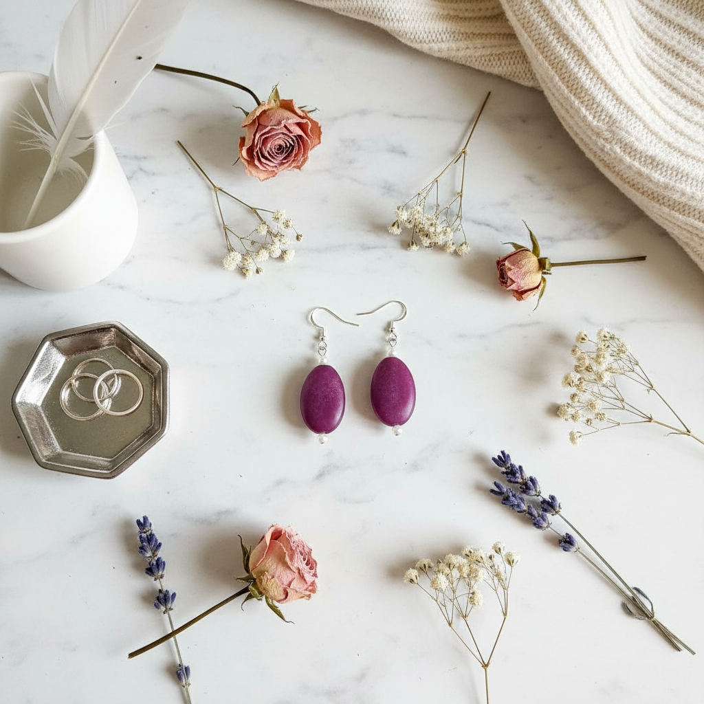 Purple plum drop earrings - flat lay