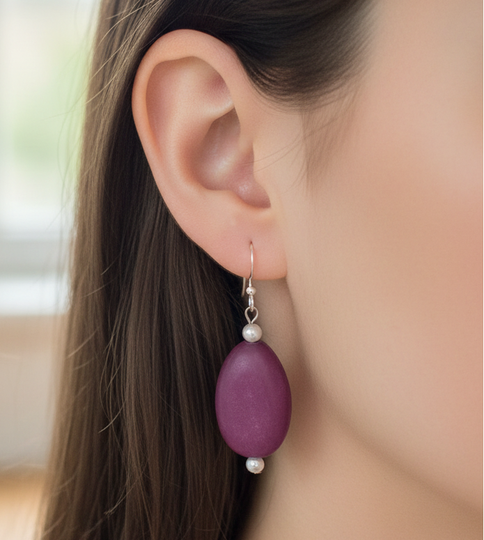 Purple plum drop earrings - lifestyle