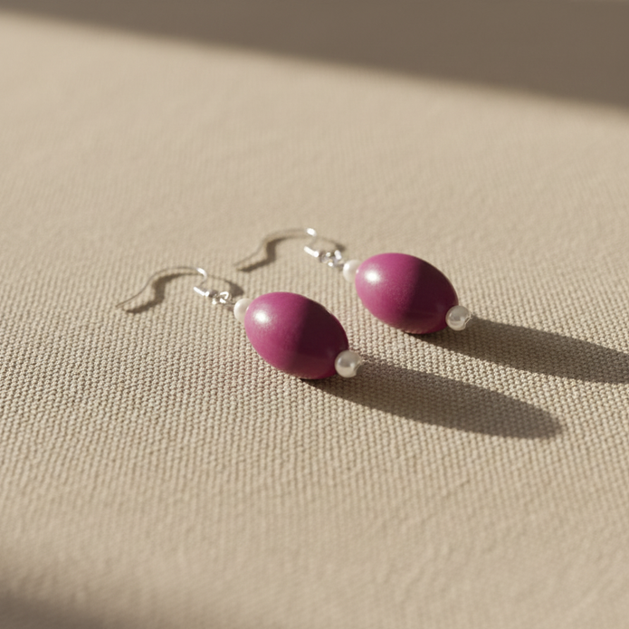 Purple plum pearl drop earrings - close up