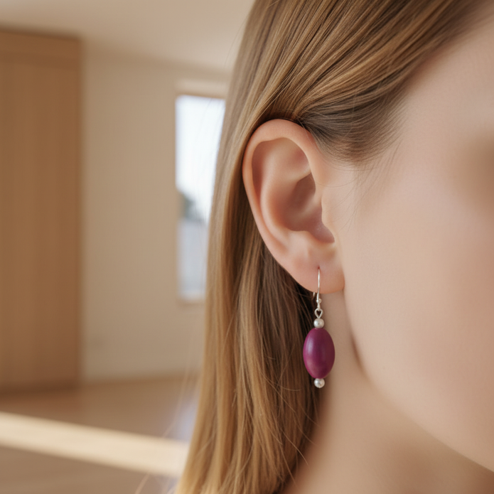 Purple plum pearl drop earrings - lifestyle