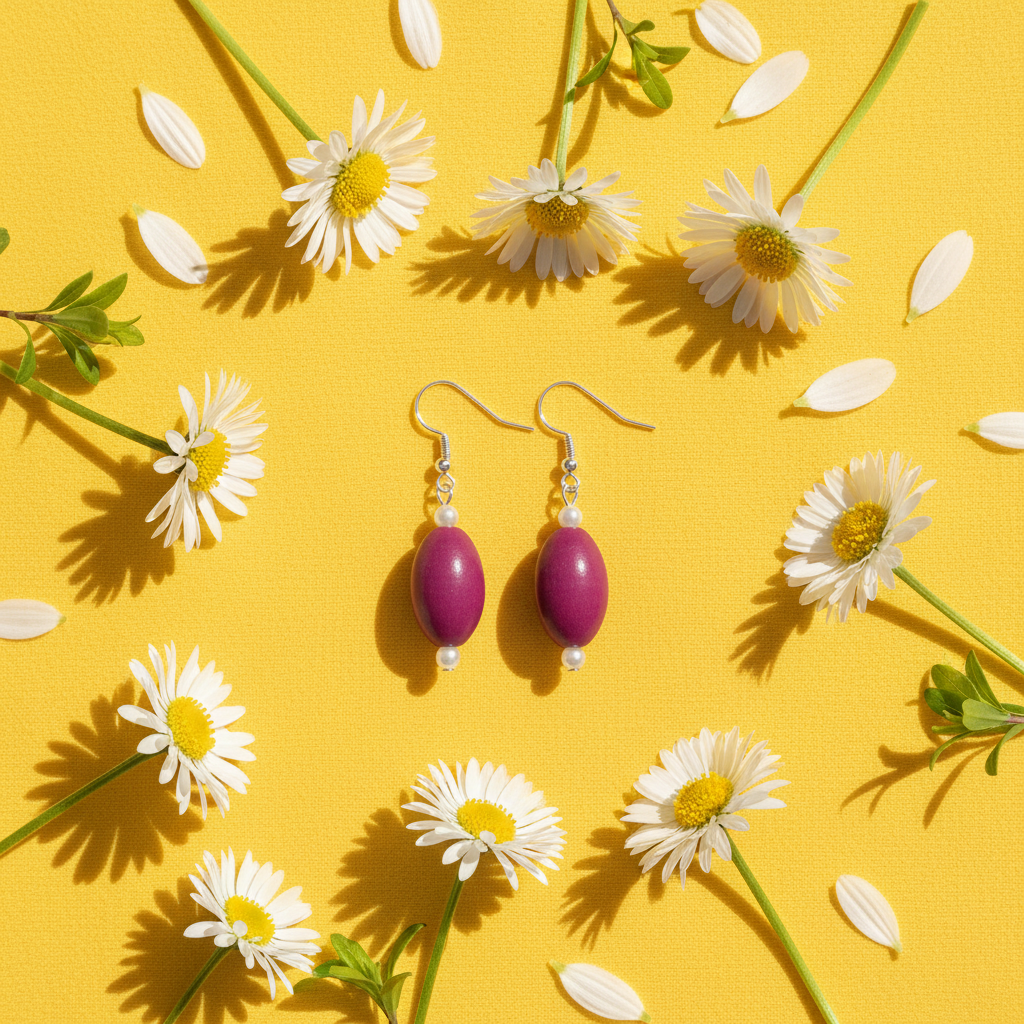 Purple plum pearl drop earrings - sunny floral flat lay