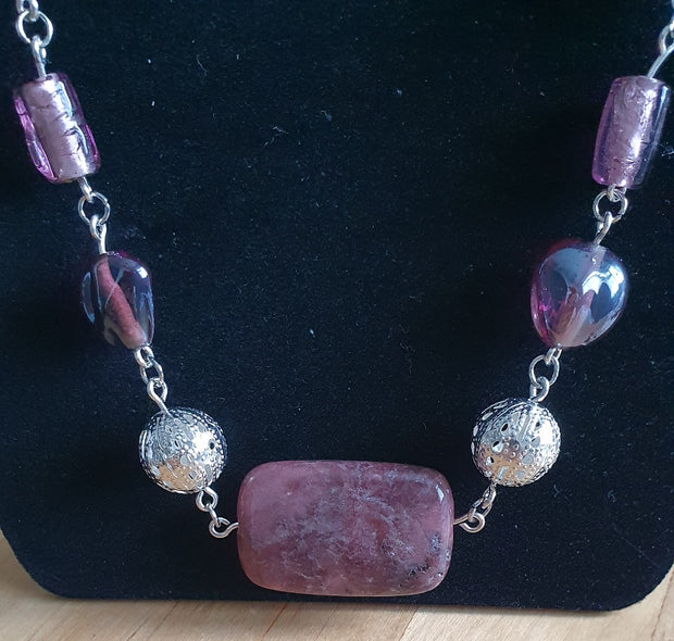 Necklace Red Purple Silver Beads