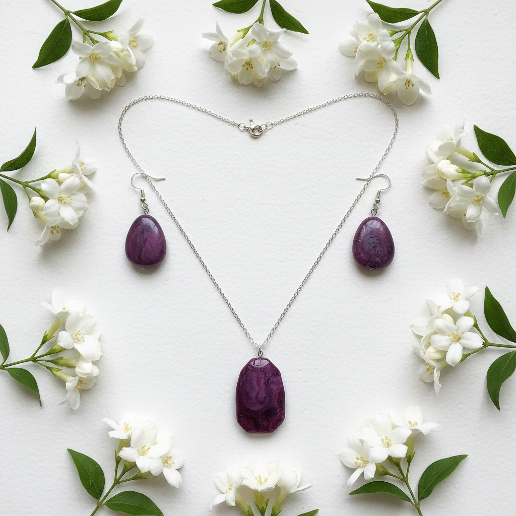 Flat lay of purple stone necklace and earrings with white flowers on white surface