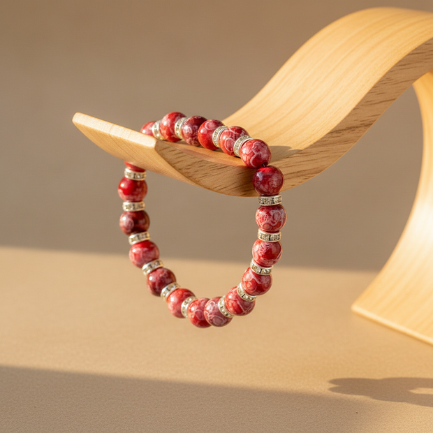Red & Silver Bracelet on Wooden Jewellery Display