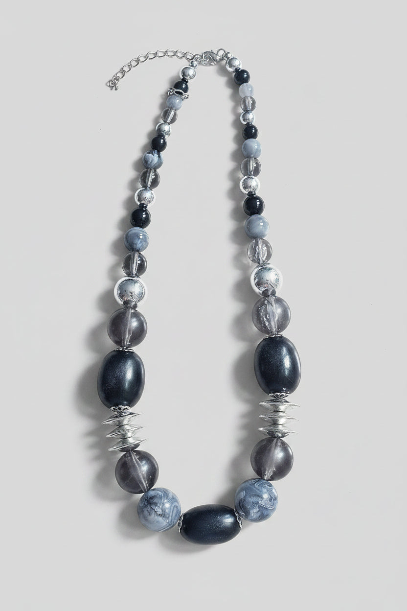 Necklace with grey black and silver beads