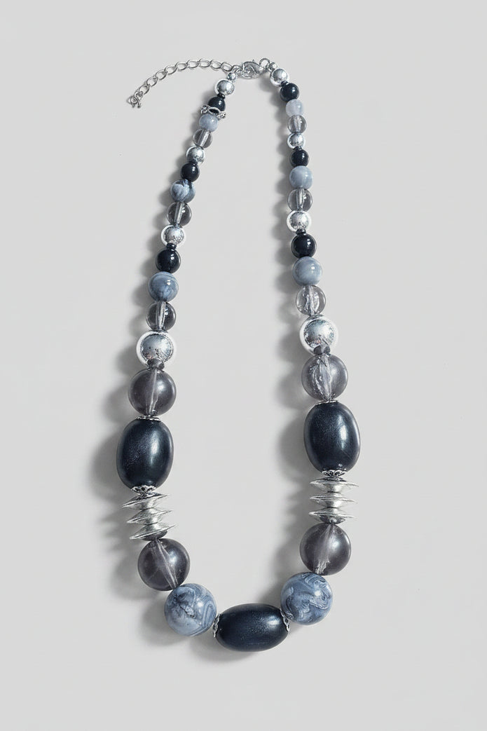 Necklace with grey black and silver beads