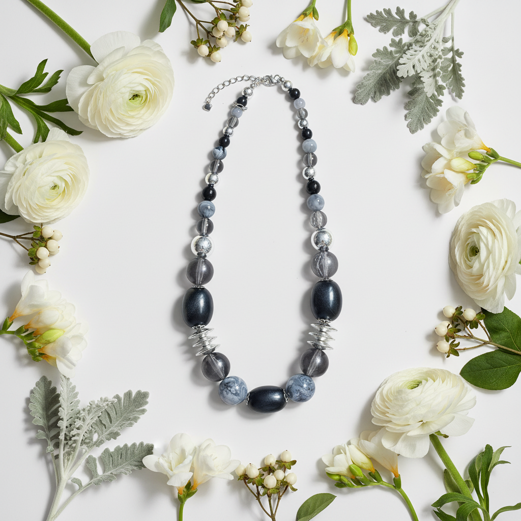 Shades of Black Grey & Silver Rescued Necklace floral flat lay