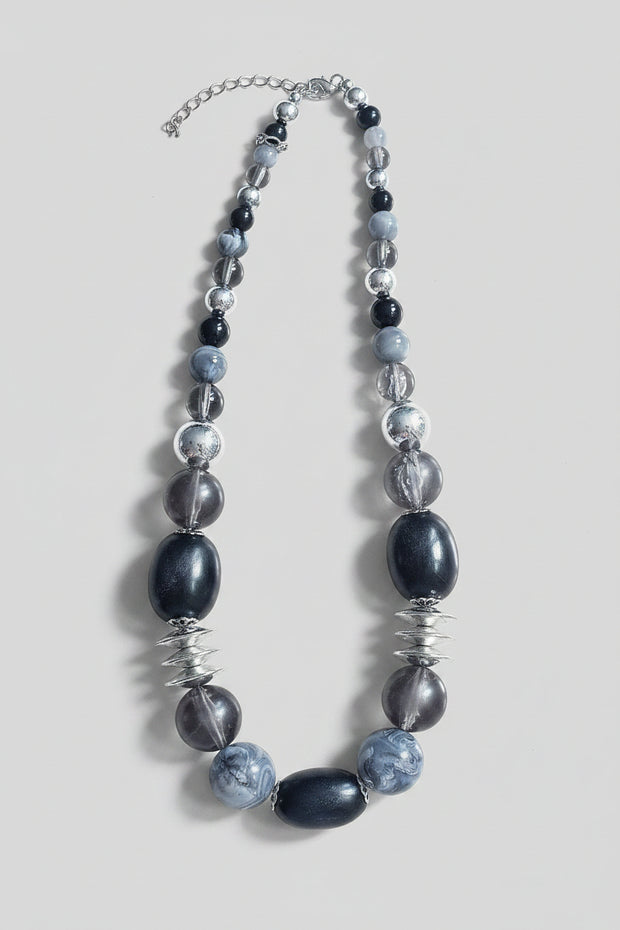 Necklace with grey black and silver beads