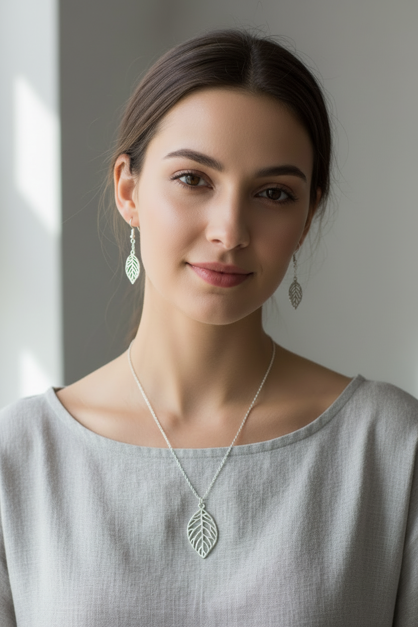 Silver leaf necklace and earrings set