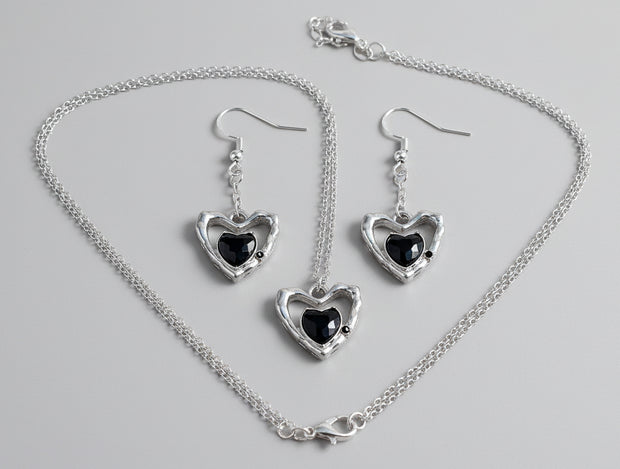Handmade, silver plated heart and earrings with black gemstone - Arts Crafts Shack