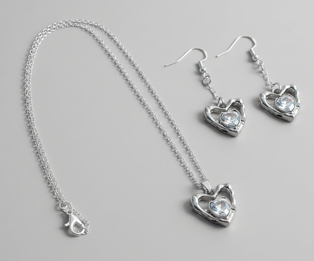 Handmade, silver plated heart necklace and earrings with white gemstone set - Arts Crafts Shack