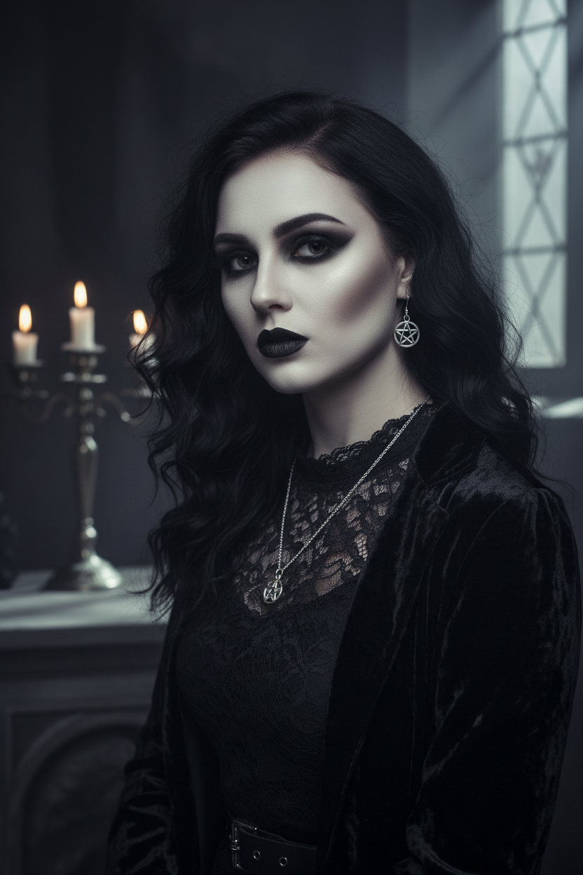 Spooky model wearing silver pentacle necklace and earrings