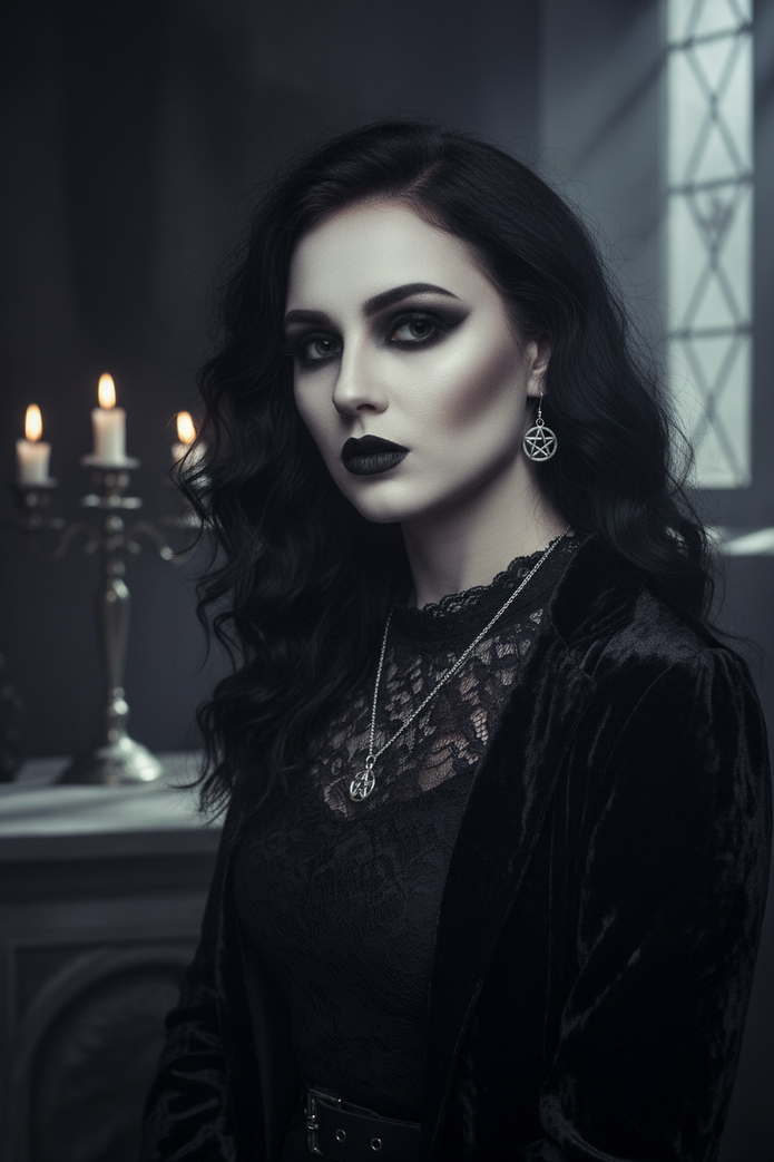 Spooky model wearing silver pentacle necklace and earrings