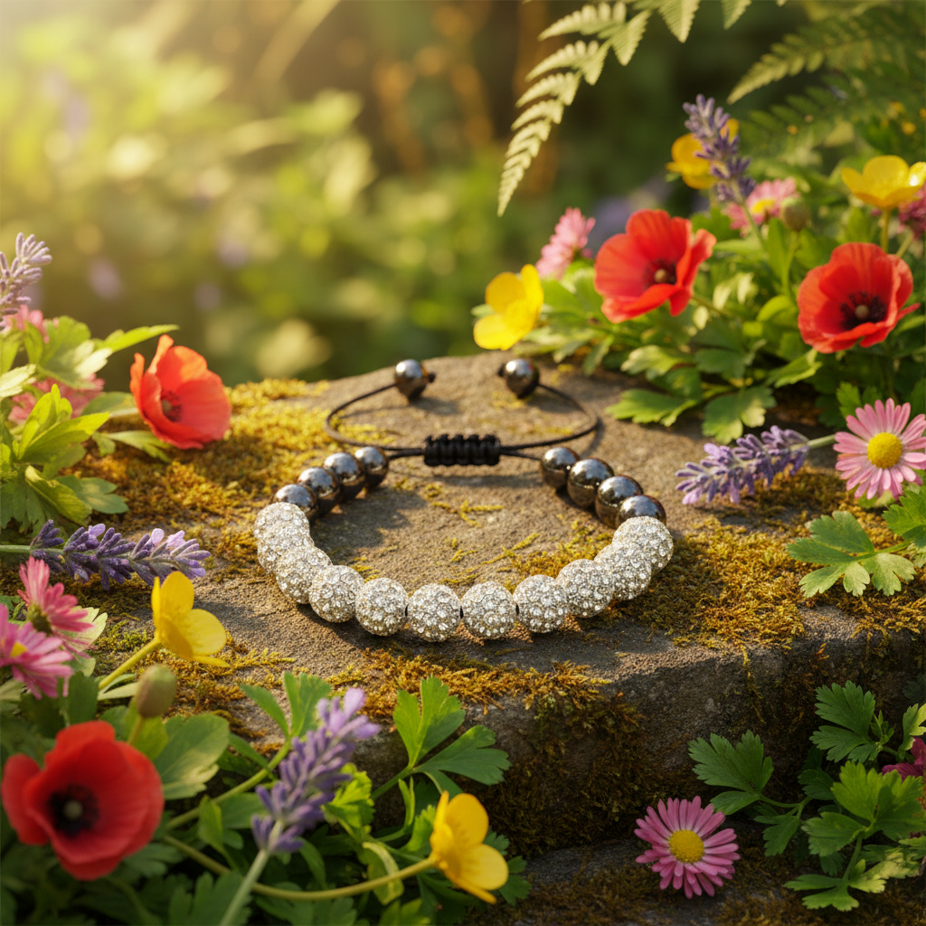 White crystal shamballa bracelet - garden setting