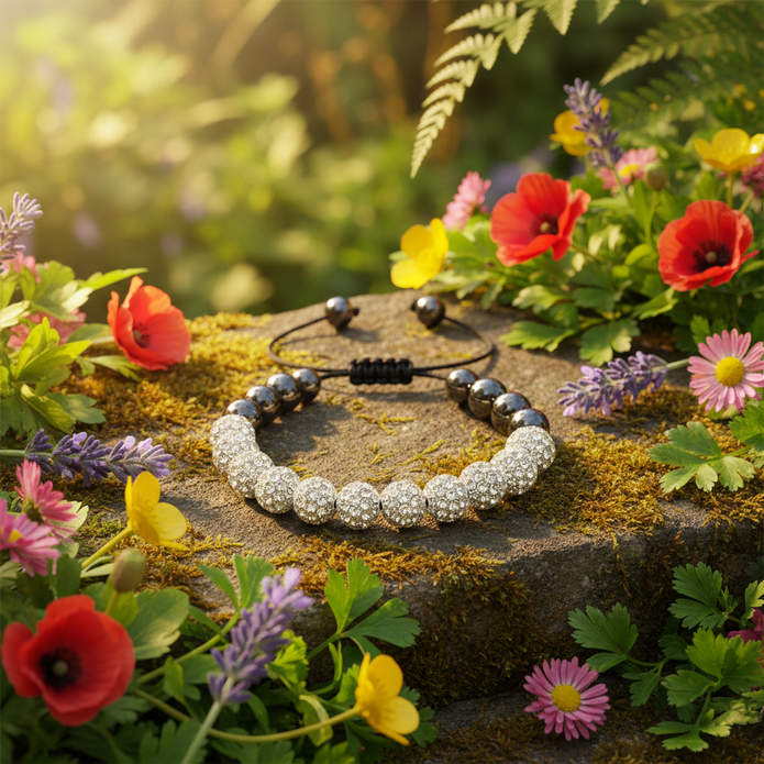 White crystal shamballa bracelet - garden setting