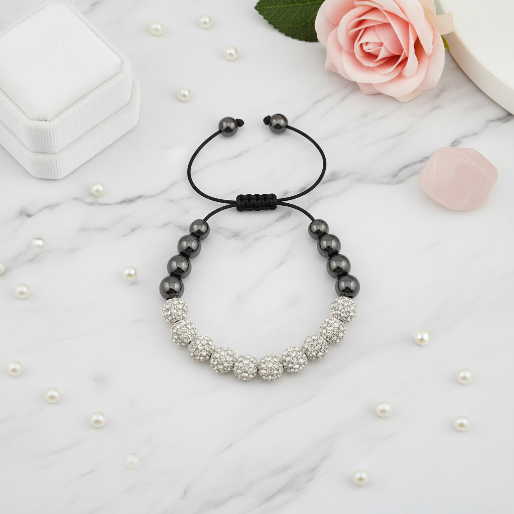 White crystal shamballa bracelet - marble flat lay