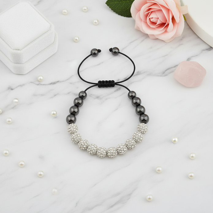 White crystal shamballa bracelet - marble flat lay