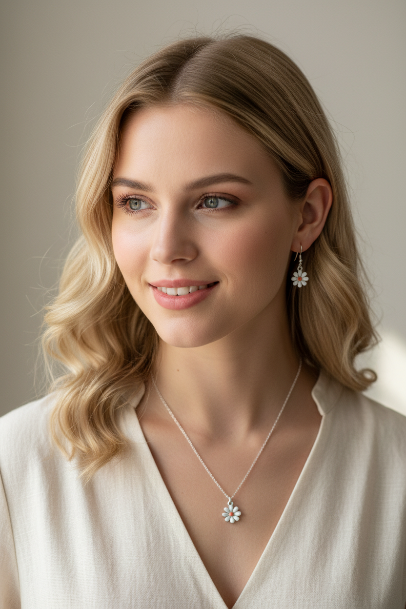 White daisy necklace and earrings on model