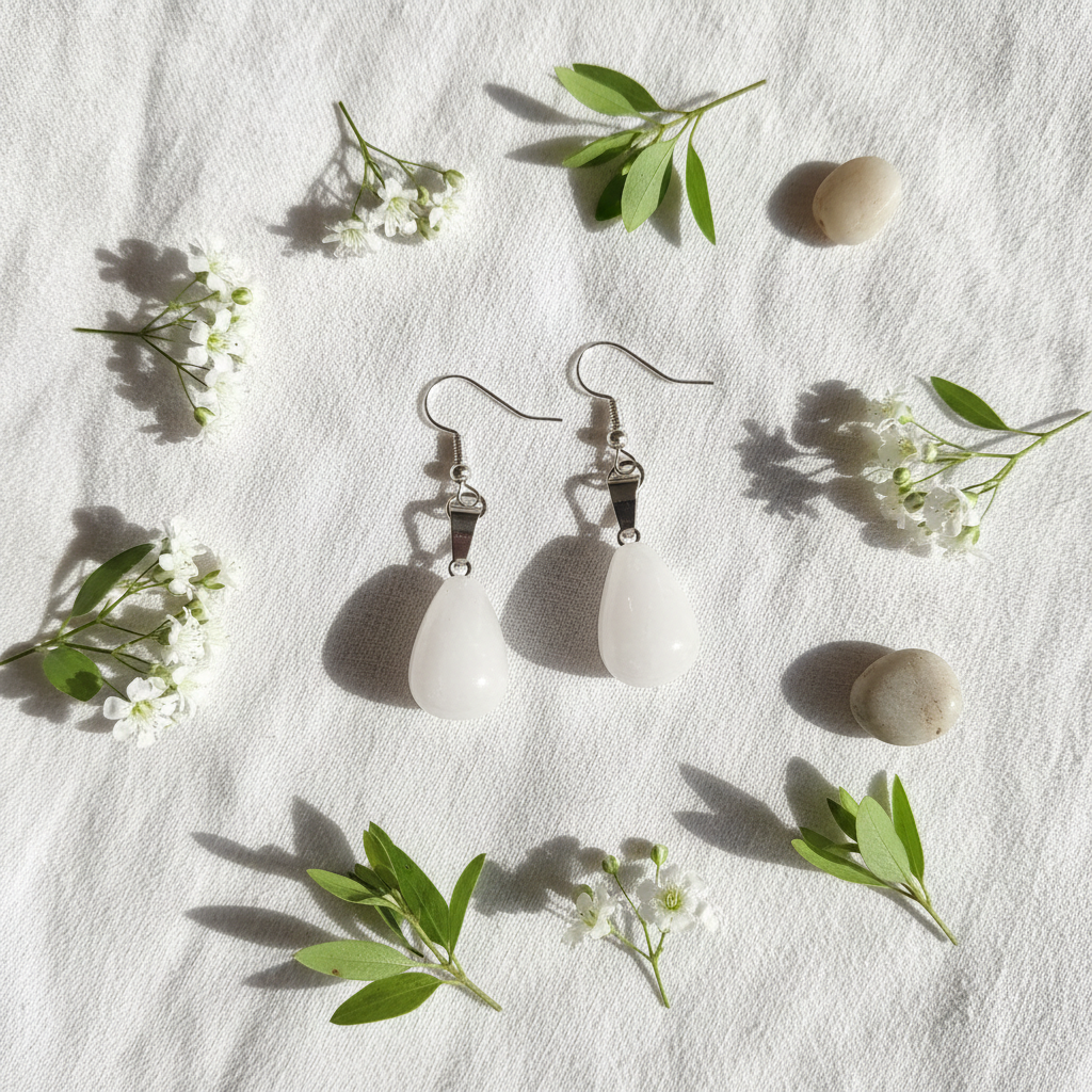 White quartz teardrop earrings lifestyle flat lay with white flowers and green leaves