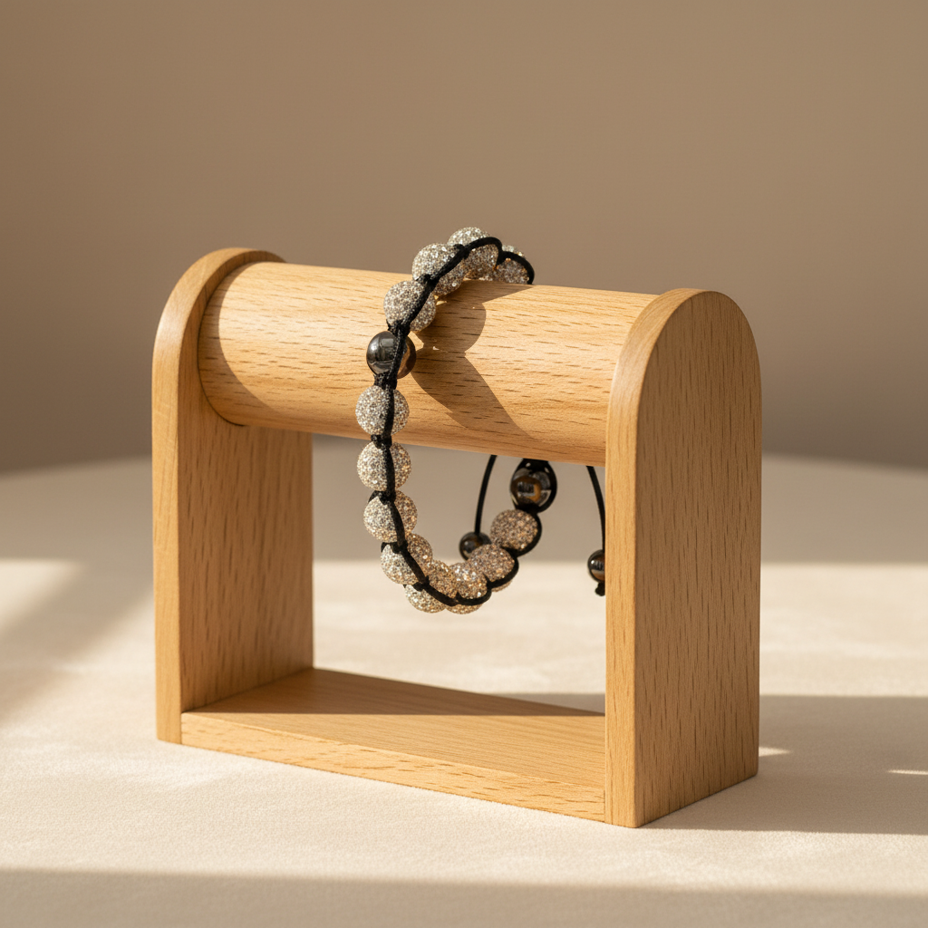White Shambala Bracelet - Wooden Holder